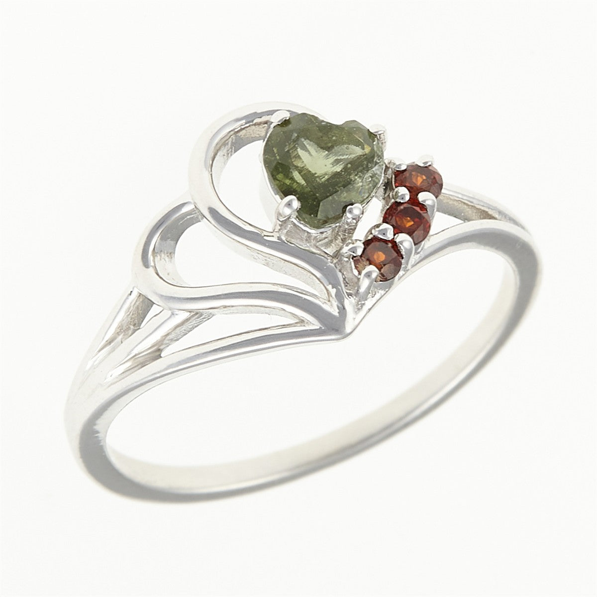 Silver ring with moldavite and garnets - heart 414G