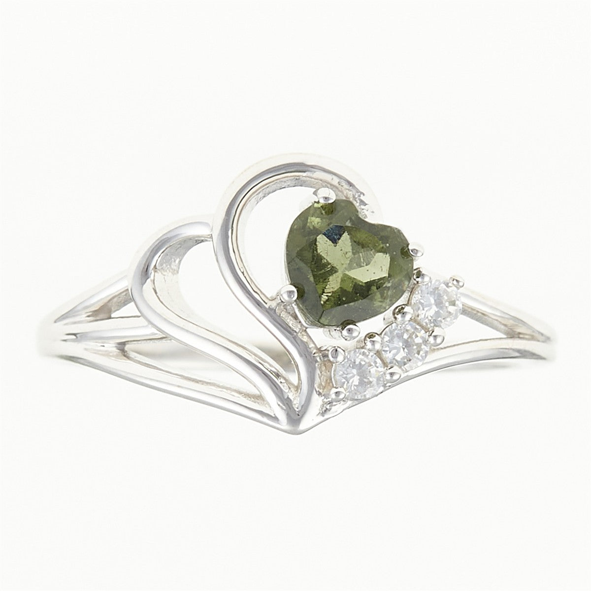 Silver ring with moldavite and zircons - heart 414Z