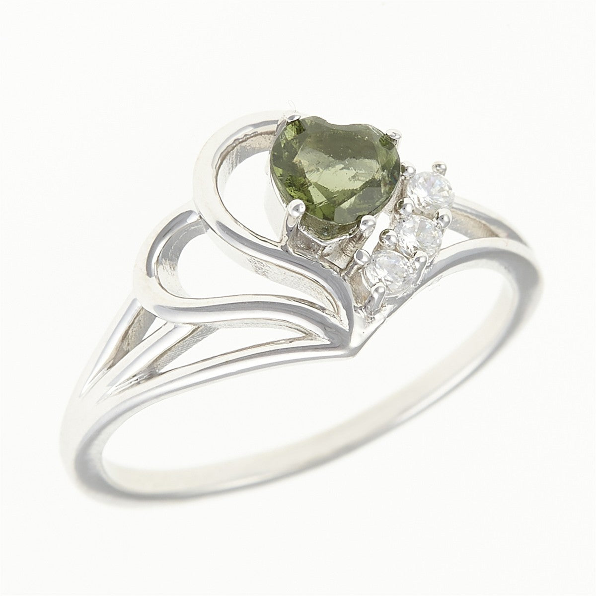 Silver ring with moldavite and zircons - heart 414Z