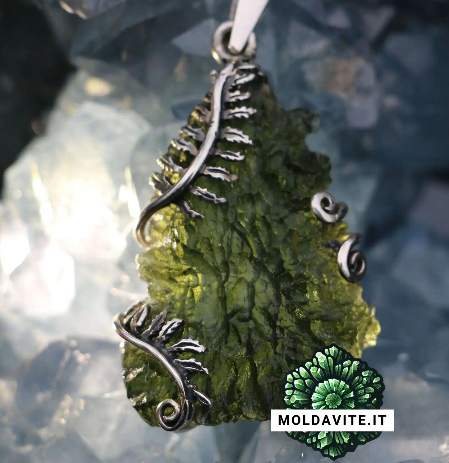 Pendente su misura - MLD7454 - Pendente di Lusso in Argento con Moldavite grezza - Felci