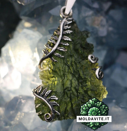 Pendente su misura - MLD7454 - Pendente di Lusso in Argento con Moldavite grezza - Felci