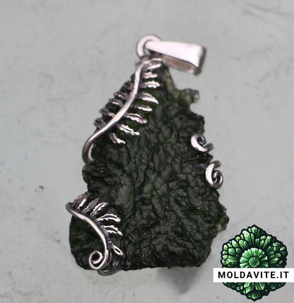 Pendente su misura - MLD7454 - Pendente di Lusso in Argento con Moldavite grezza - Felci