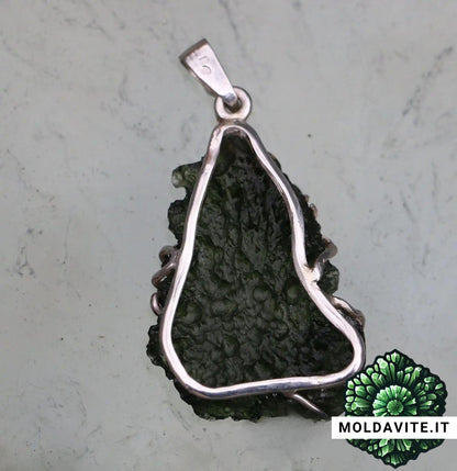 Pendente su misura - MLD7454 - Pendente di Lusso in Argento con Moldavite grezza - Felci